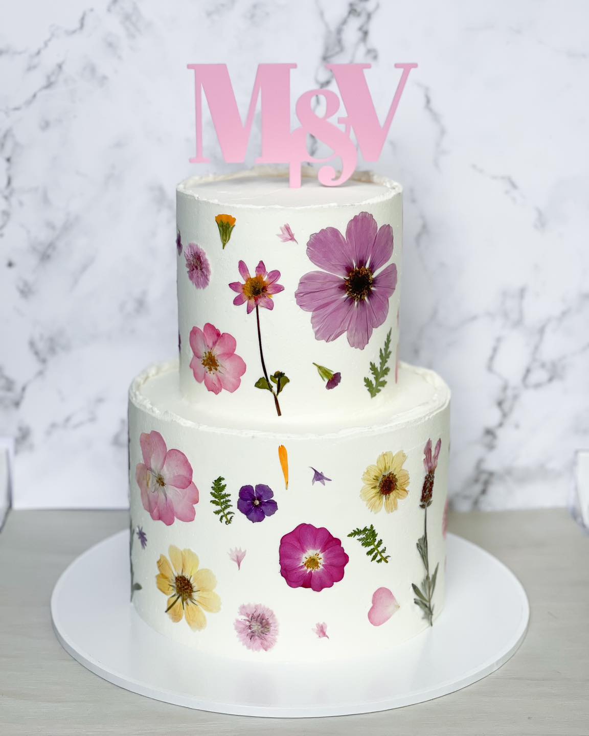 Pressed Flower Wedding Cake with topper